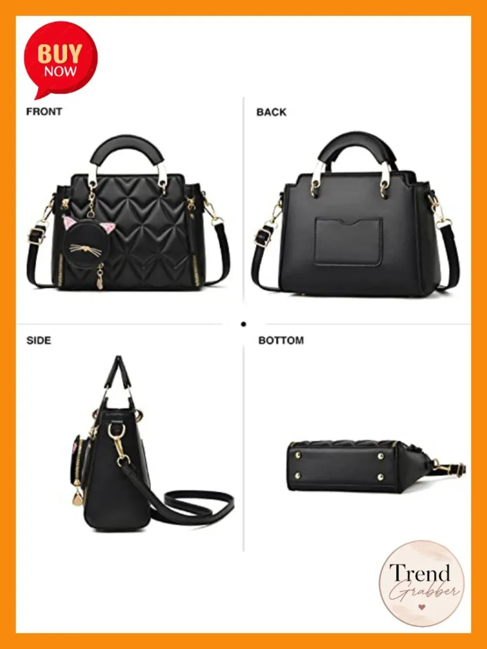 PU Leather Satchel Handbag Crossbody Shoulder Bag Small Tote with Kitten Pendant